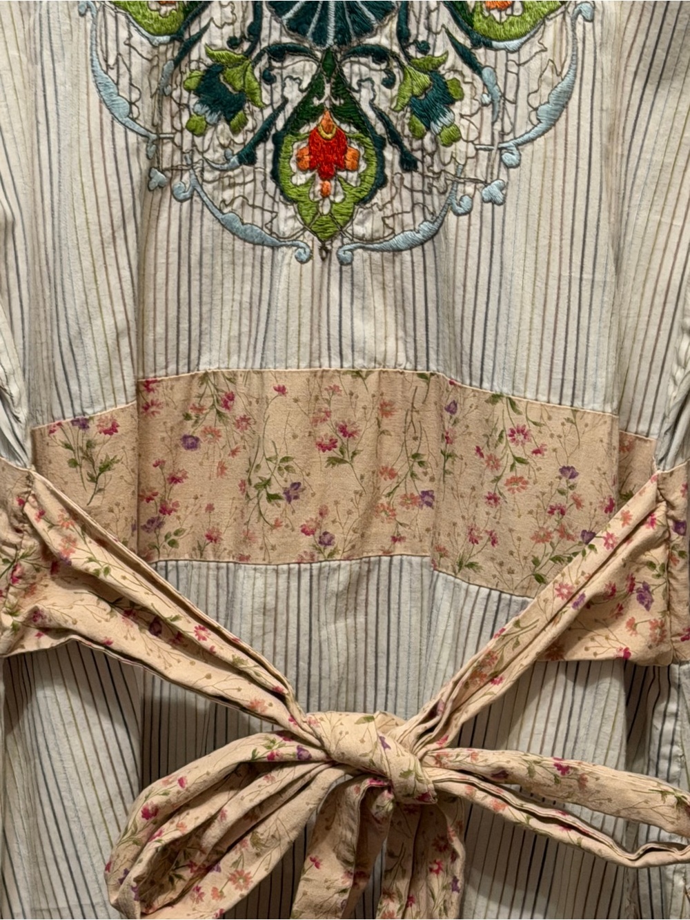 Johnny Was Embroidered Midi Dress M Boho Stripe Floral Tie Waist EUC - Picture 5 of 12